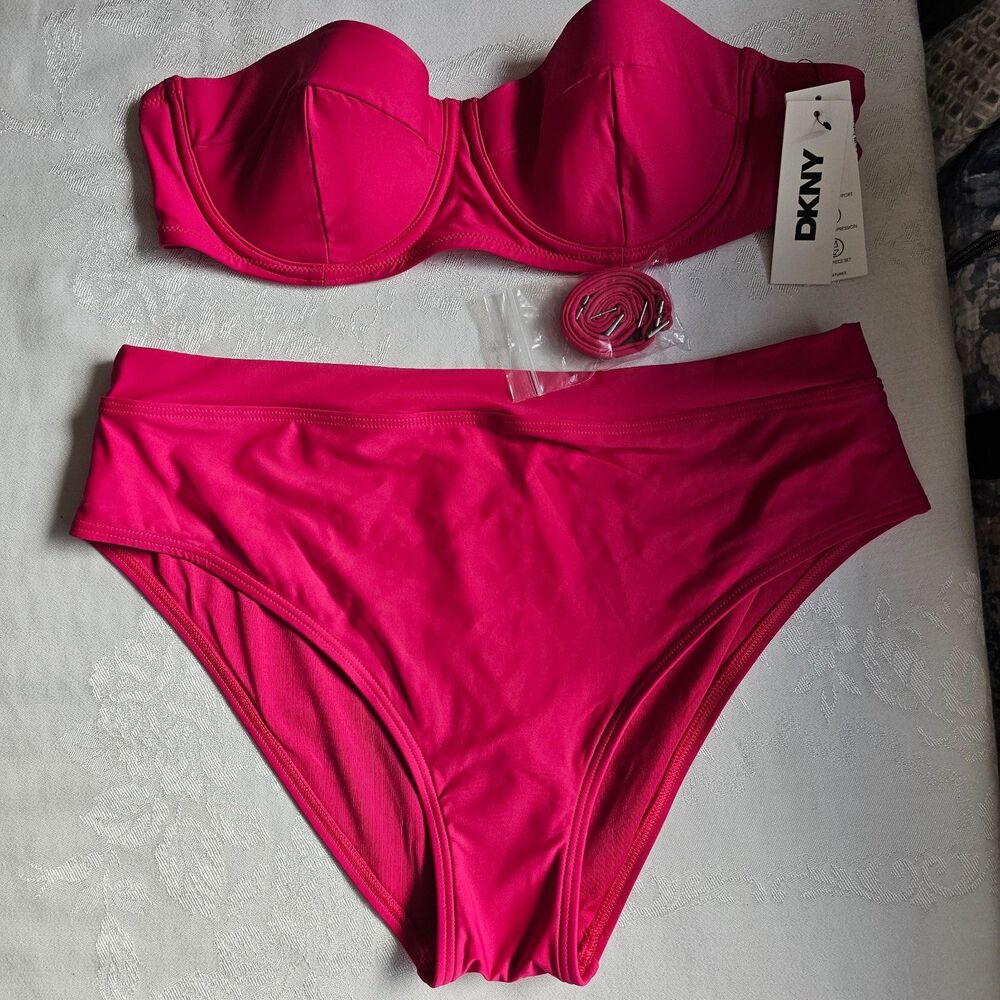 NWT DKNY Pink Bikini Swimsuit Strapped or Strapless Underwire Tummy Control XL